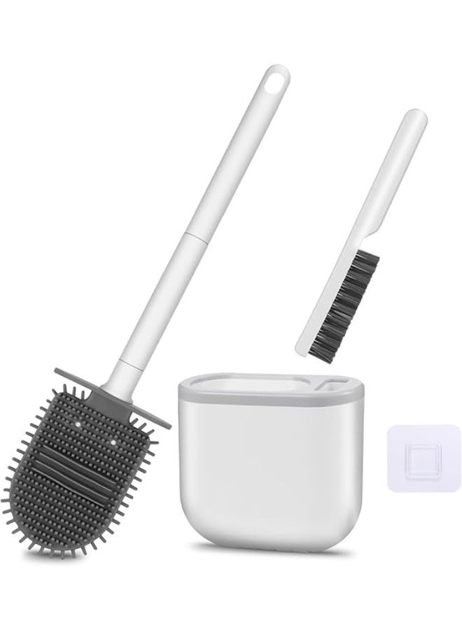 Toilet Brush and Holder Set - Flexible Toilet Bowl Brush Head with Silicone Bristles, Wall Mounted Toilet Brush-Anti-Roll, Anti-Drip Design (White) - Image 1